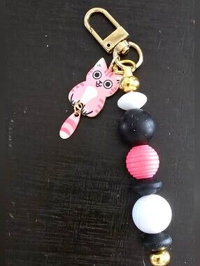 Pink Kitty Beaded Keychain with Black & White Beads
